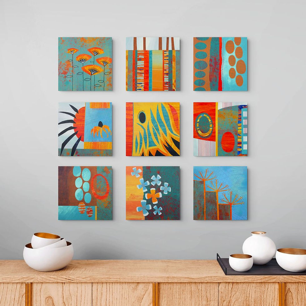 Rebecca Vincent set of collages in Blue and orange contemporary abstract geometric style modern home