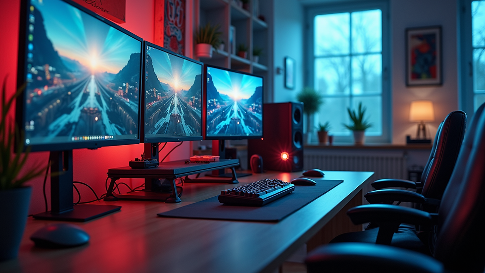 Eye-level view of a modern game development studio with multiple screens and creative tools