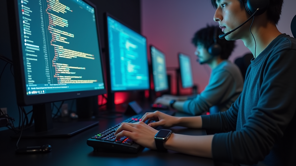 Eye-level view of a game developer working on a computer with code on screen
