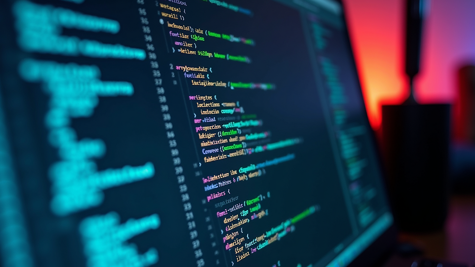 Close-up view of a computer screen showing game code and design software