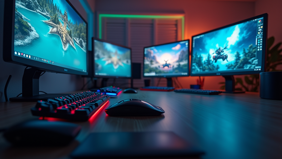 Eye-level view of a modern game development workspace with multiple screens