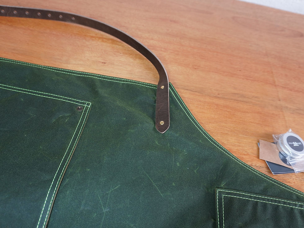 Thumbnail: Lawn waxed cotton and Sand linen lining Full Apron with Elephant Grey Leather