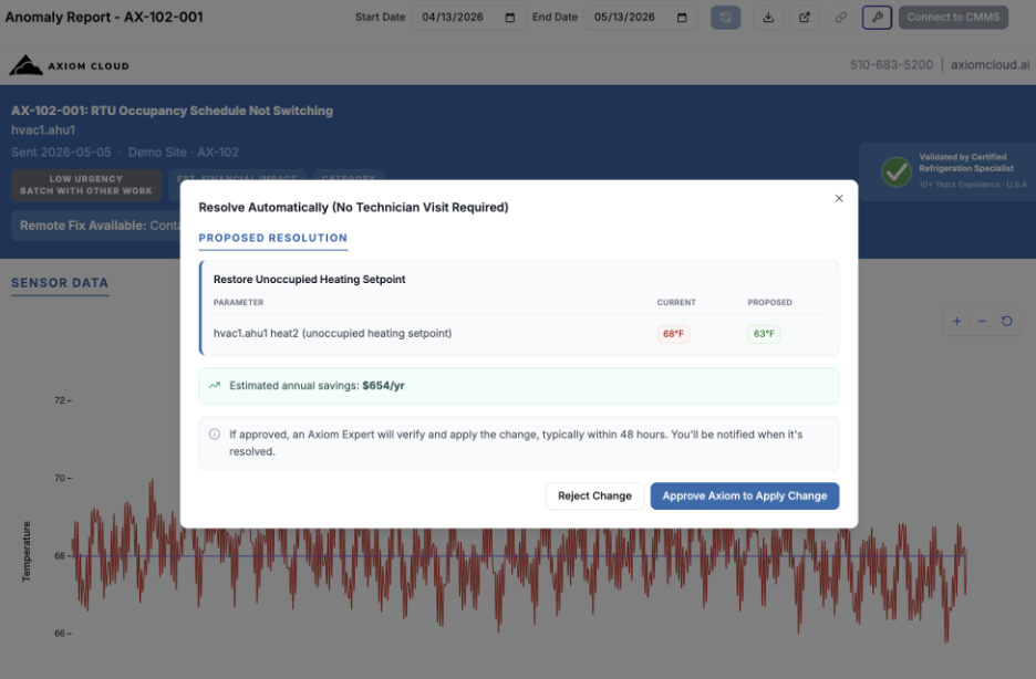 Axiom Customer Web Portal Screenshot - applying an HVAC set point adjustment autonomously, no tech visit required