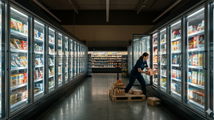 Refrigerant leak detection in commercial refrigeration: night-shift worker restocking a refrigerated aisle of a U.S. supermarket — a system running 24/7 while quarterly manual inspections leave leaks undetected for up to 90 days — Axiom Cloud