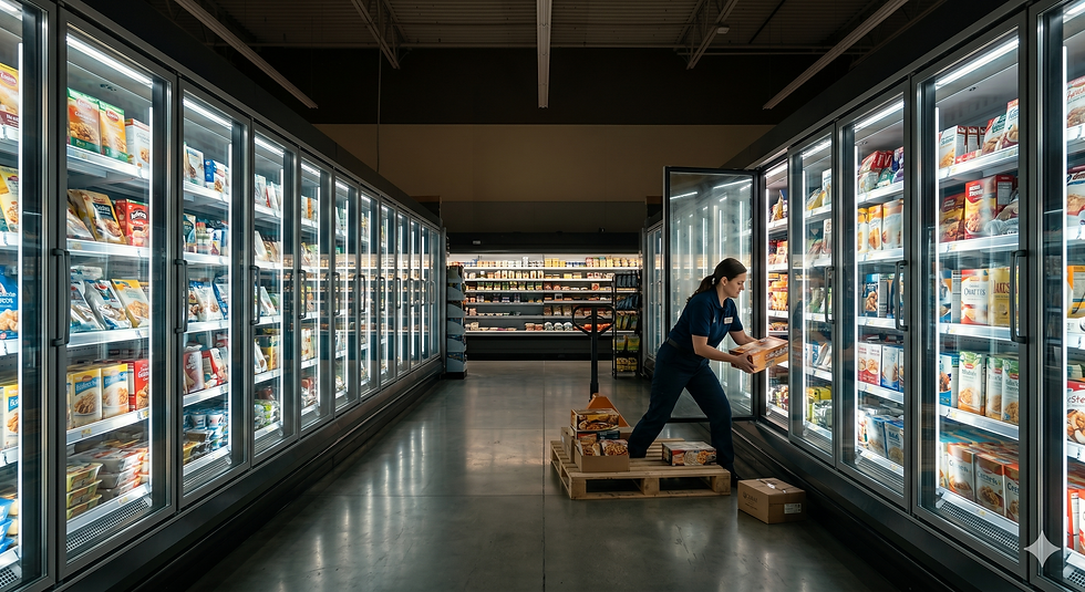 Refrigerant leak detection in commercial refrigeration: night-shift worker restocking a refrigerated aisle of a U.S. supermarket — a system running 24/7 while quarterly manual inspections leave leaks undetected for up to 90 days — Axiom Cloud