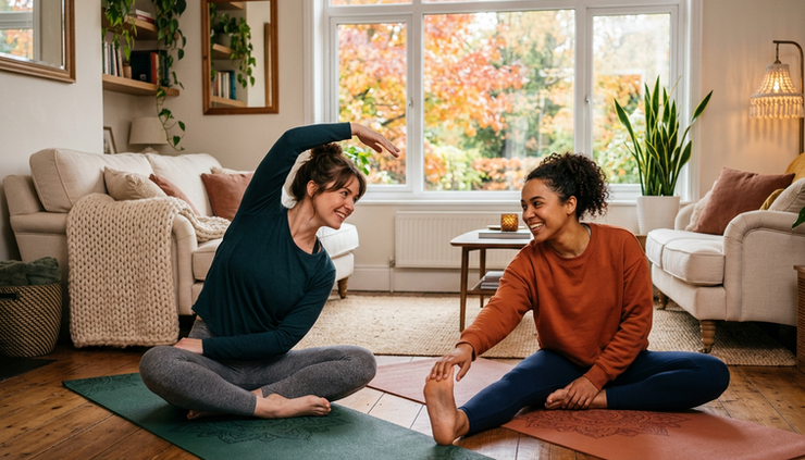 Medium shot of two friends stretching on yoga mats near a window with fall leaves outside.