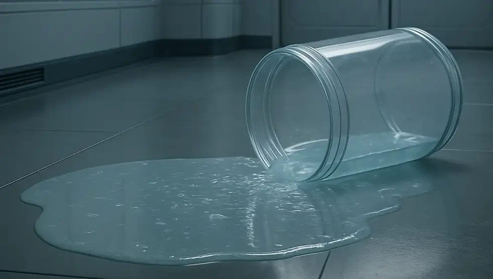 Overturned transparent vessel spilling liquid onto the metallic floor of a futuristic spaceship corridor.