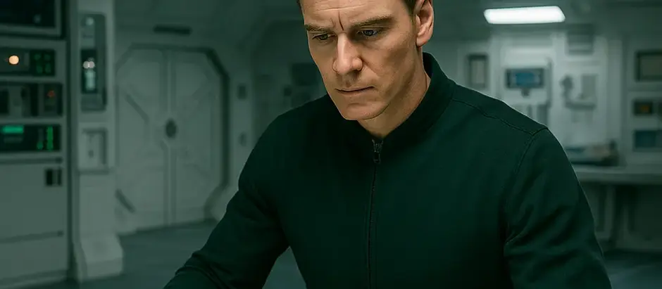 Android David standing beside a glowing hypersleep pod in a futuristic lab, expression stern and control