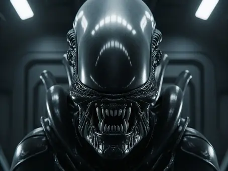 A scary Alien's elongated head looking directly at you