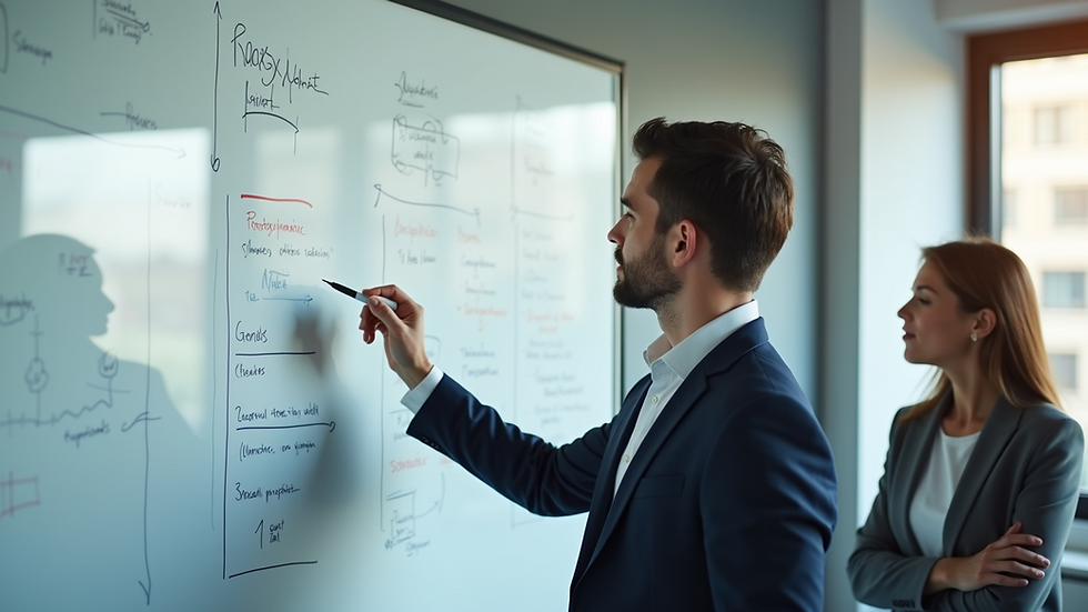 Close-up view of a training session with a business analyst explaining concepts on a whiteboard