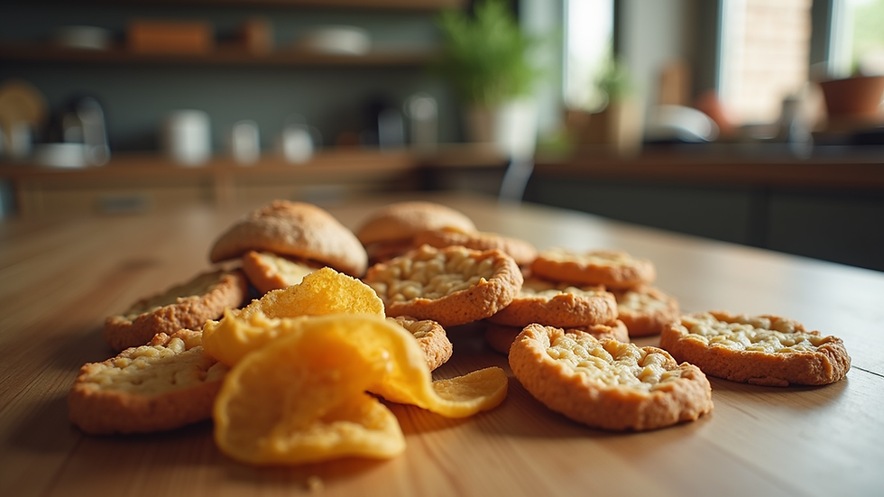 Eye-level view of a variety of gluten-free snacks on a wooden table
