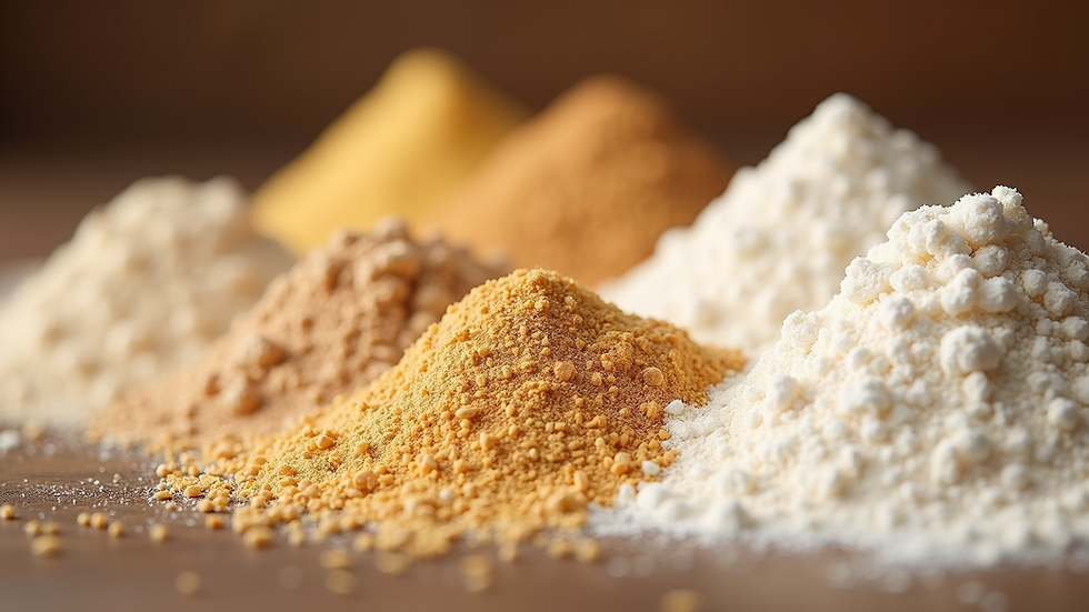 Close-up view of a variety of gluten-free grains and flours
