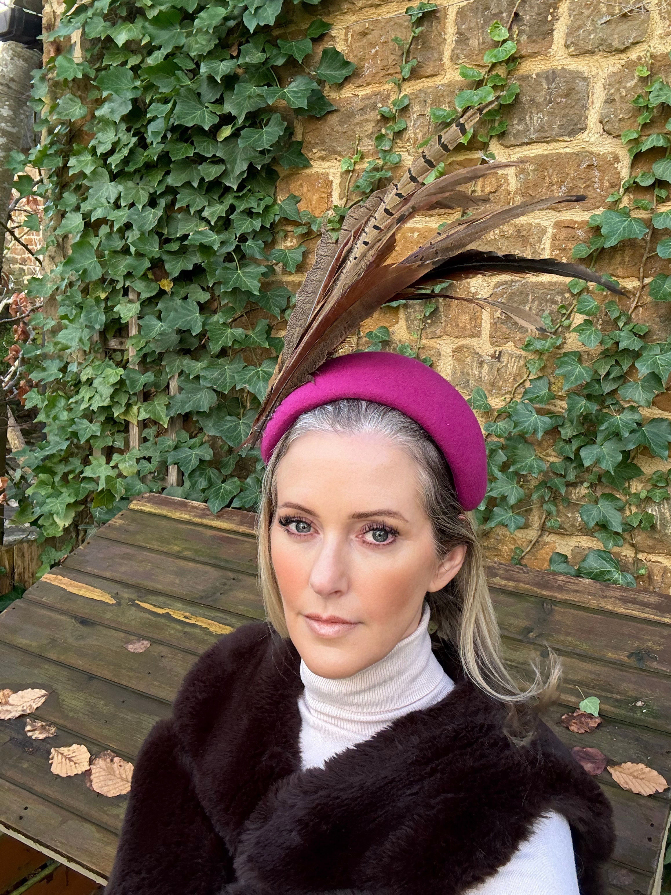 Pink Halo headband with pheasant feathers