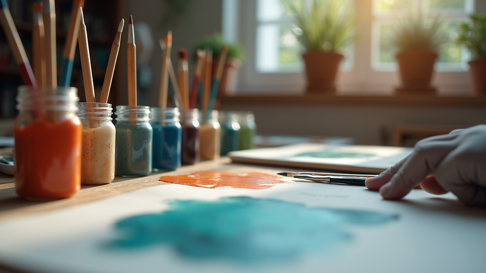 Vue en plongée d’un ensemble de pinceaux et tubes de peinture sur une table