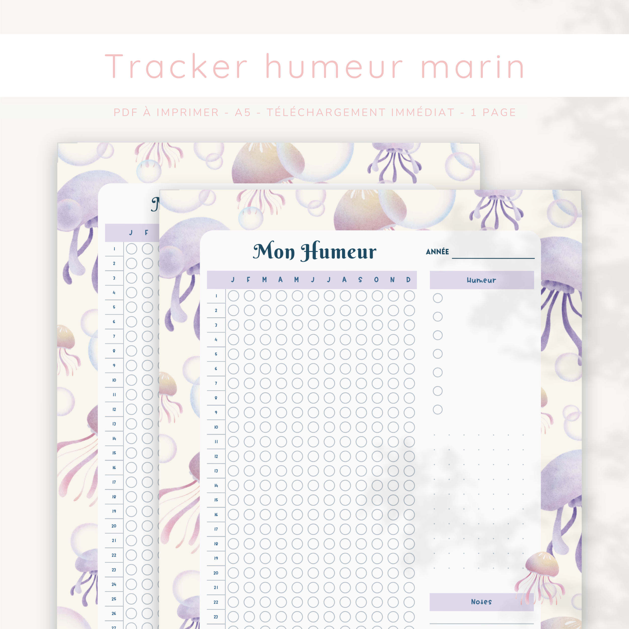 Mood Tracker PDF – Thème Fonds Marins | Suivi Émotionnel Hebdomadaire & Mensuel
