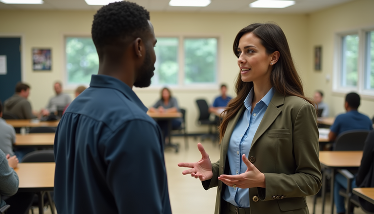Eye-level view of a probation officer speaking with a young adult in a community center