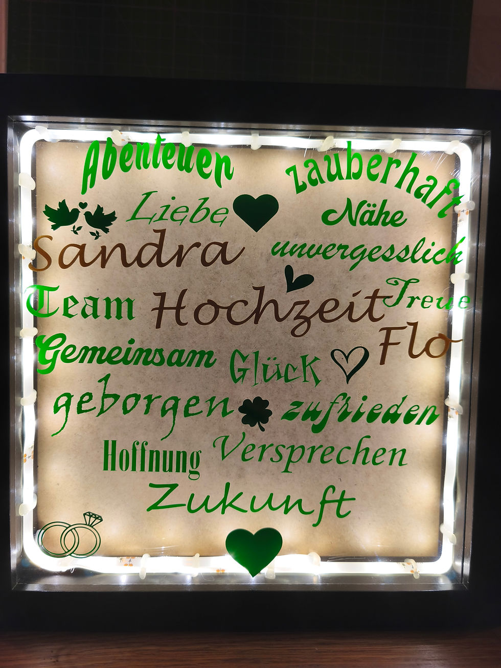 Individueller Bilderrahmen zur Hochzeit mit Namen, Datum und liebevollen Wörtern