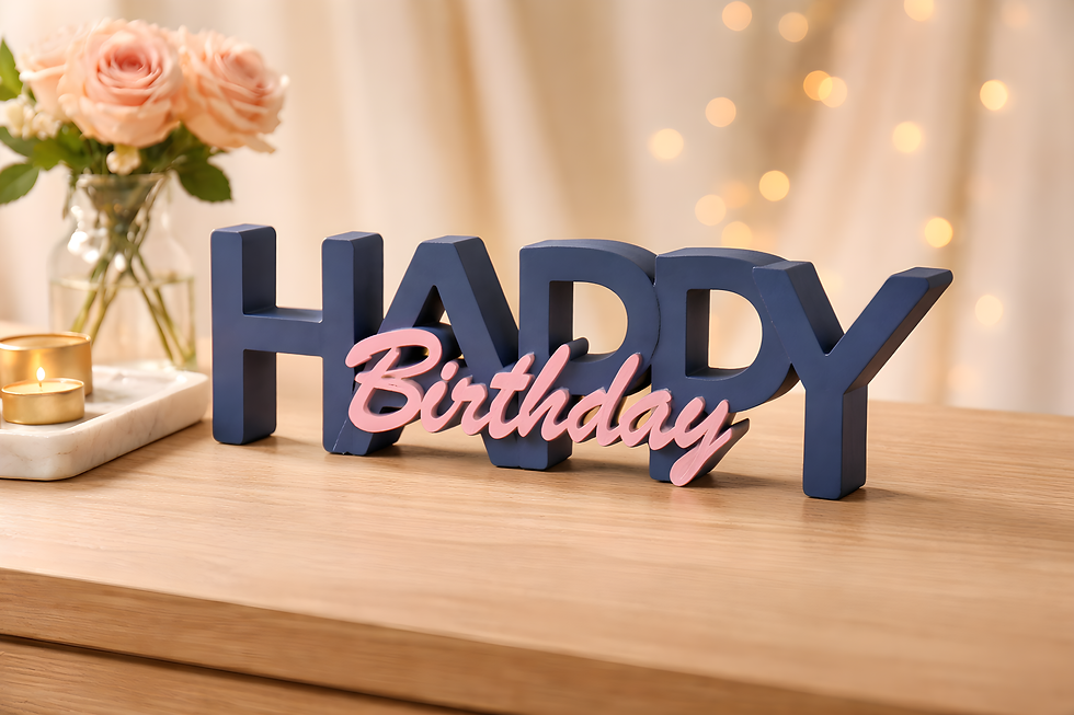 Zweifarbiger Happy Birthday Aufsteller aus hochwertigem 3D-Druck als moderne Geburtstagsdekoration