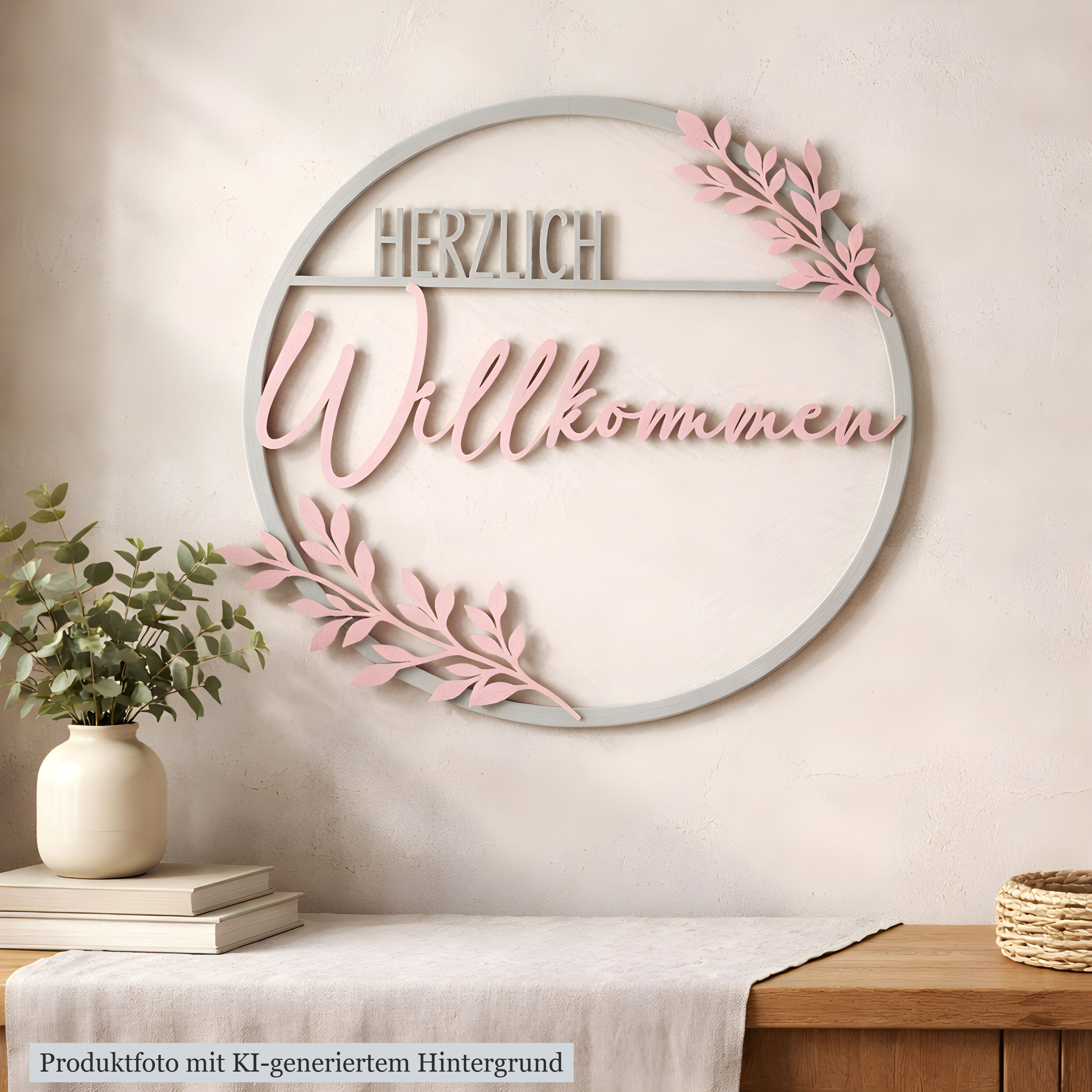 Herzlich Willkommen Türkranz mit floralen Zweigen als moderne Wand- und Türdeko
