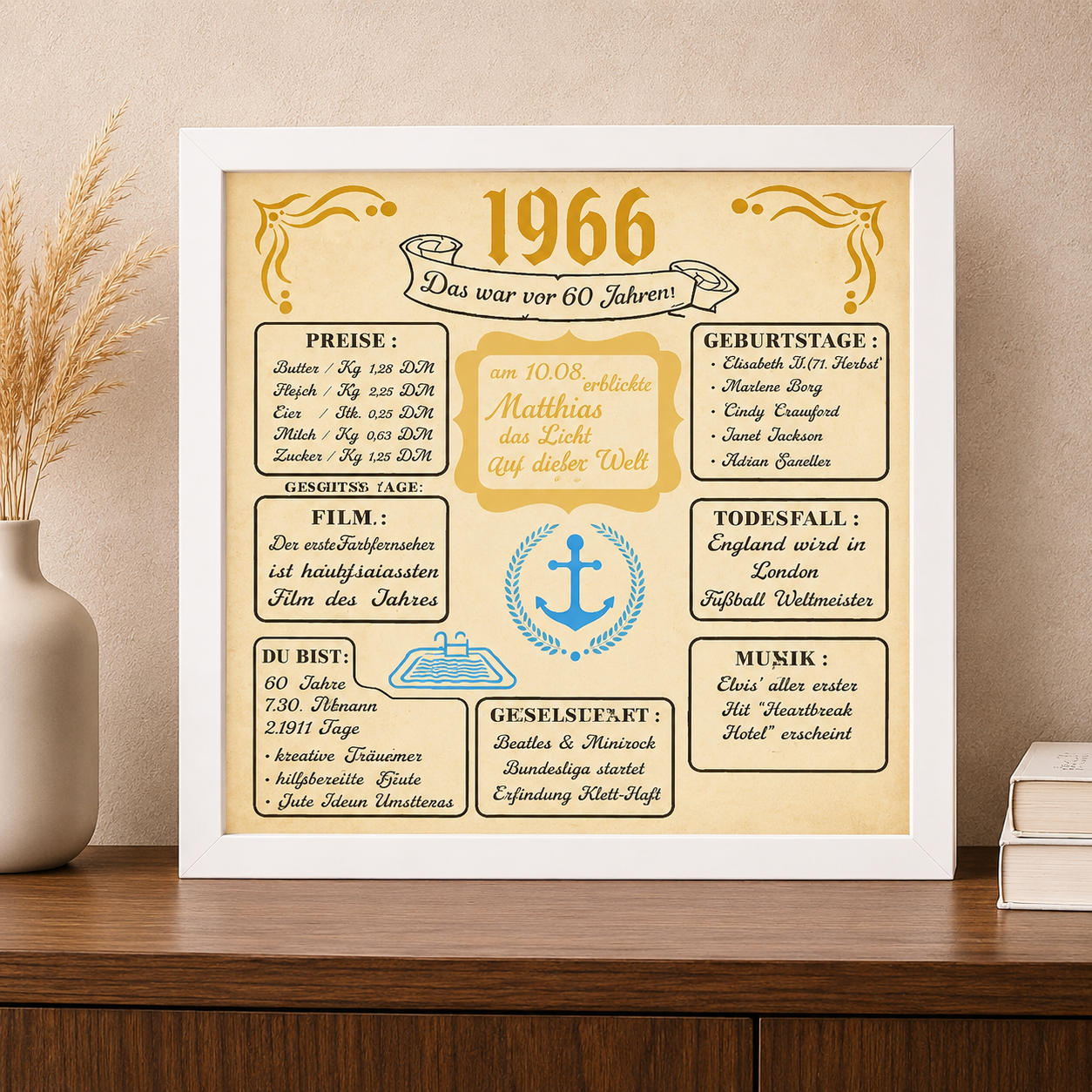 Personalisierte Jahrgangstafel 1966 im weißen Bilderrahmen.
