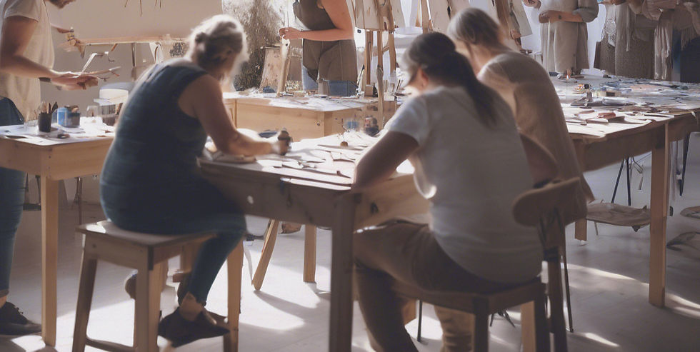 People during an art workshop as an eventin a small art studio with natural light and in b