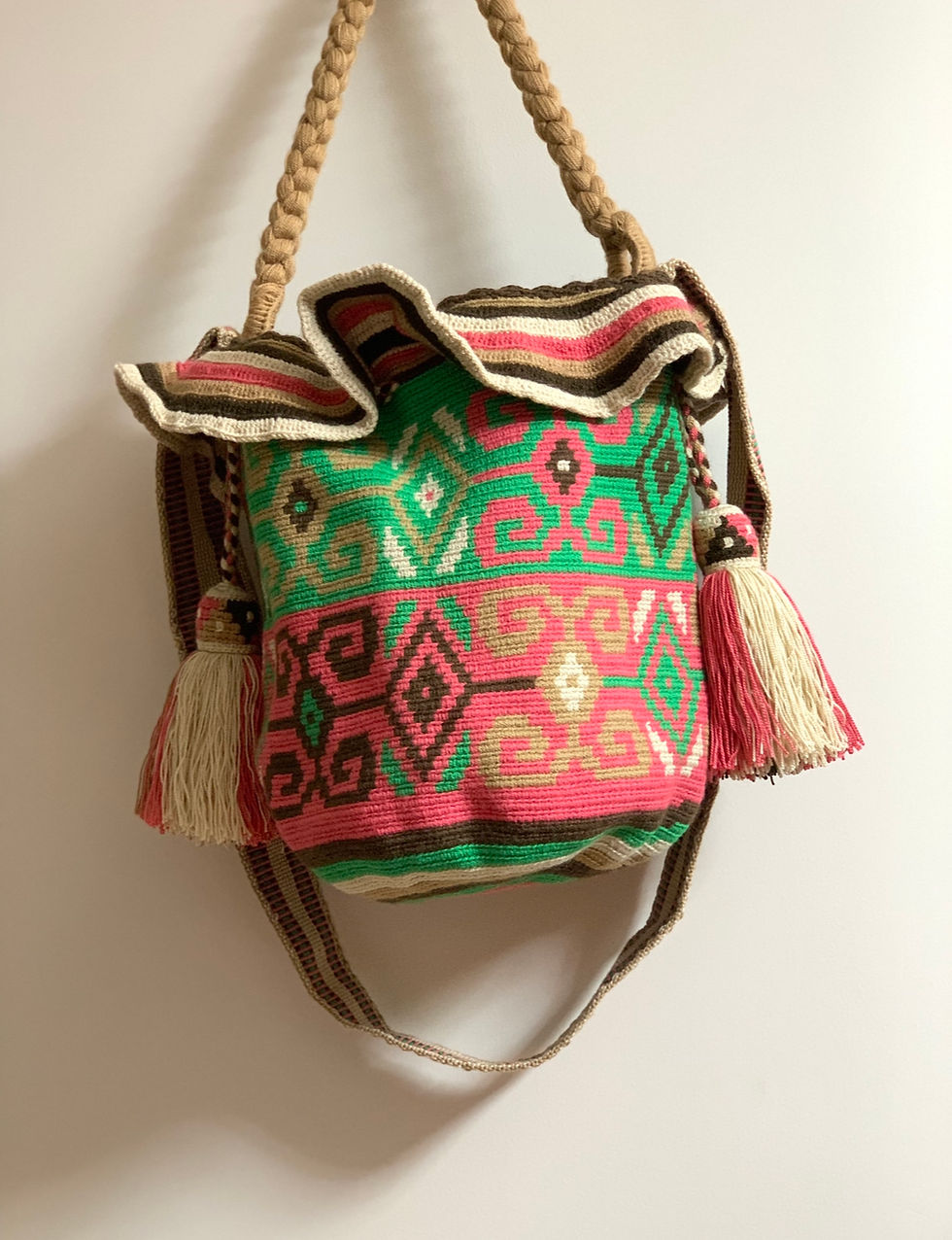 サムネイル： Wayuu Mochila L Flower verde x rosada