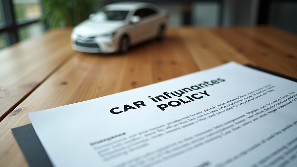 Close-up view of a car insurance policy document on a wooden table