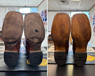 Before and after leather soles and heels repair on cowboy boots
