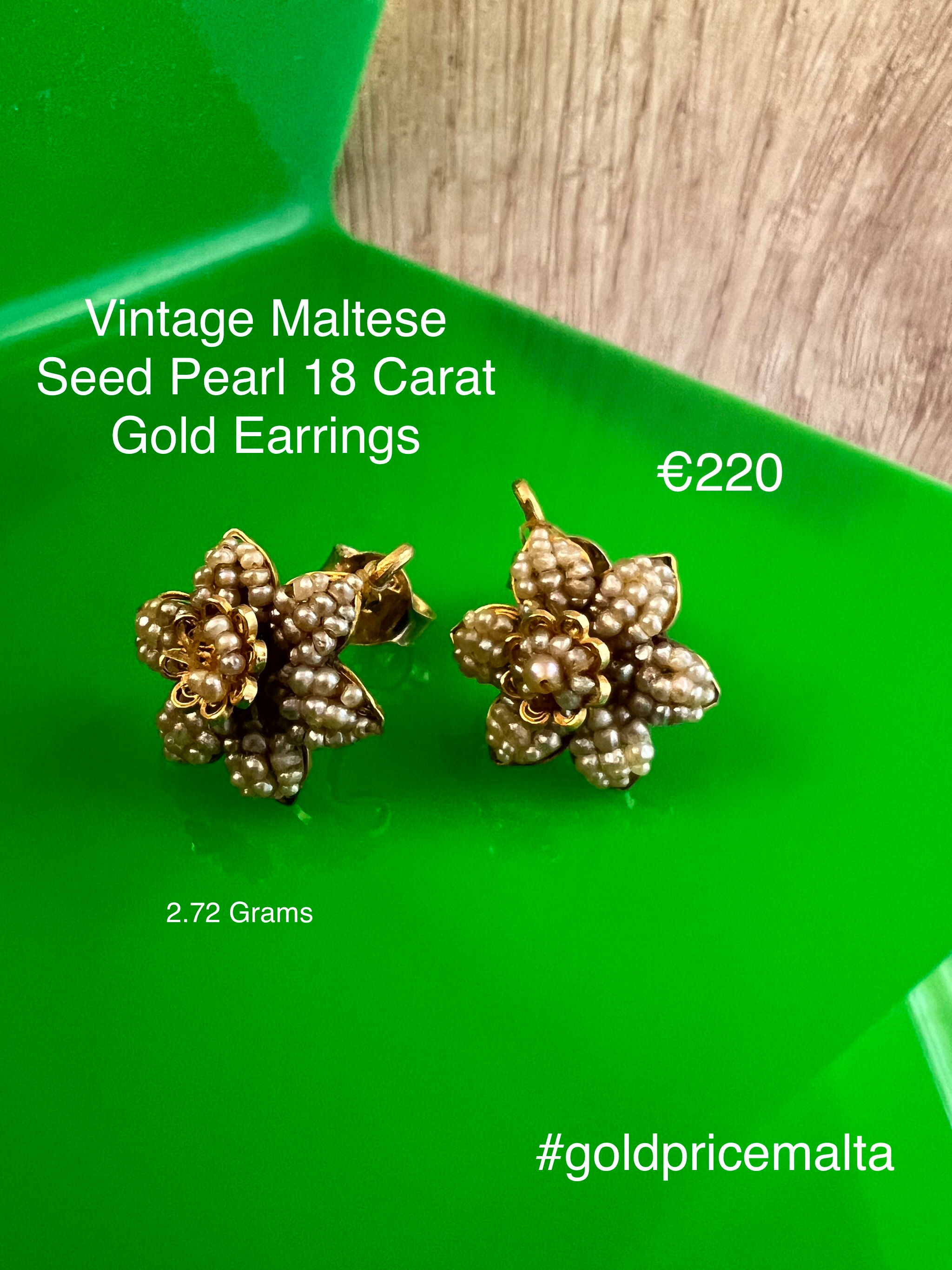 Vintage Maltese Seed Pearl Gold Earrings