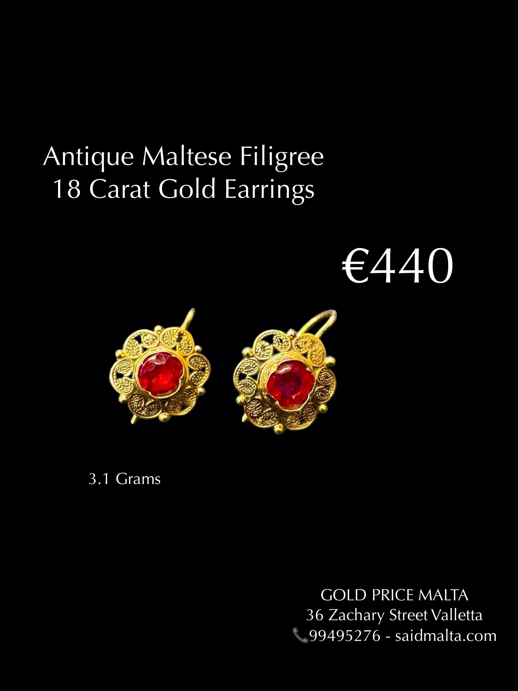 Antique Maltese Filigree 18 Carat Gold Earrings