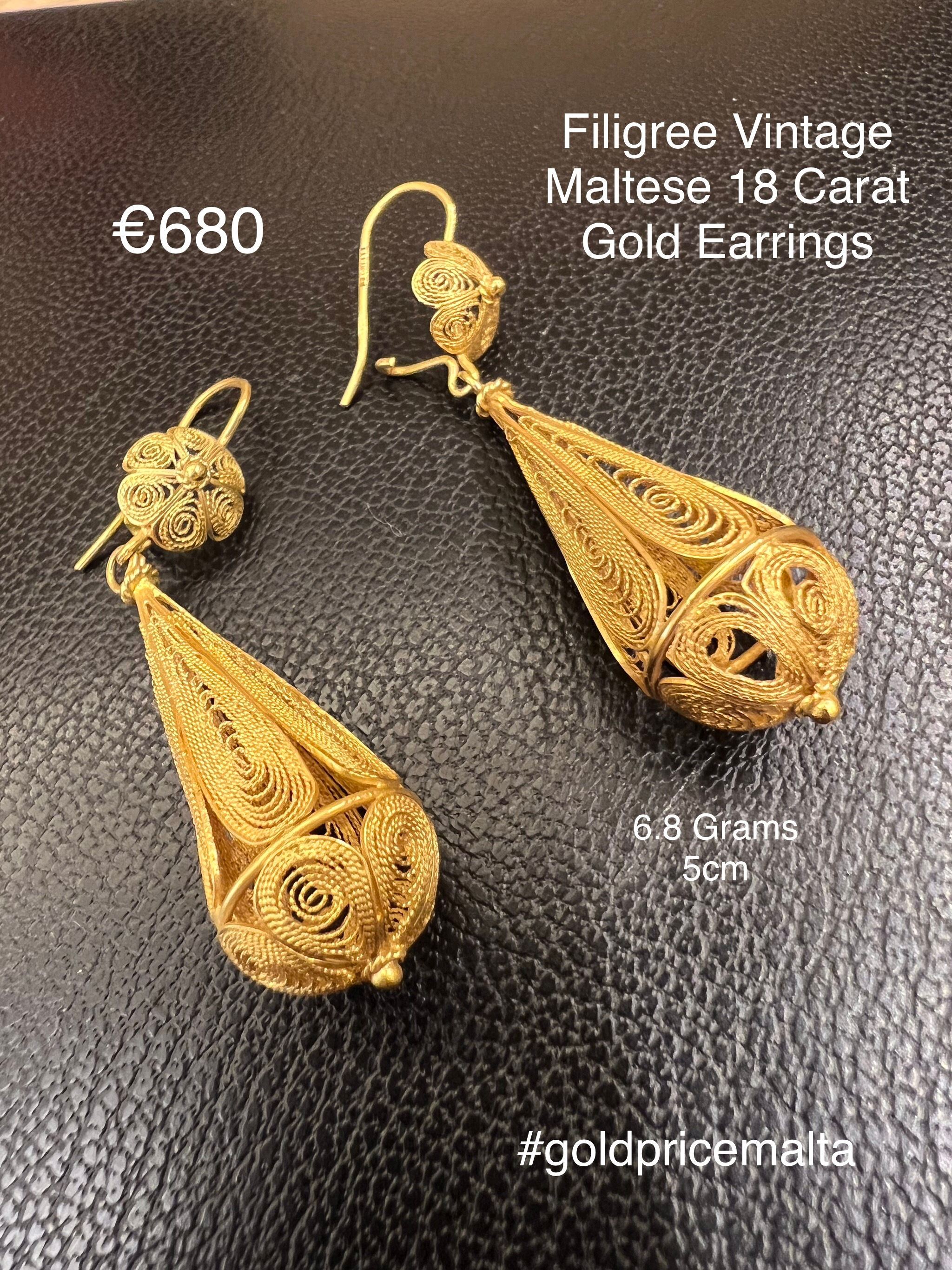 Filigree Vintage Maltese 18 Carat Gold Earrings