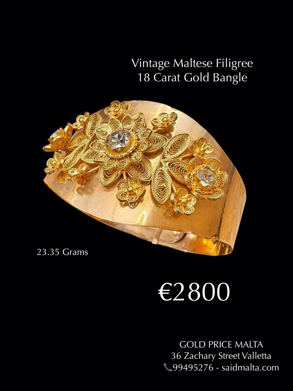 Vintage Maltese Filigree 18 Carat Gold Bangle