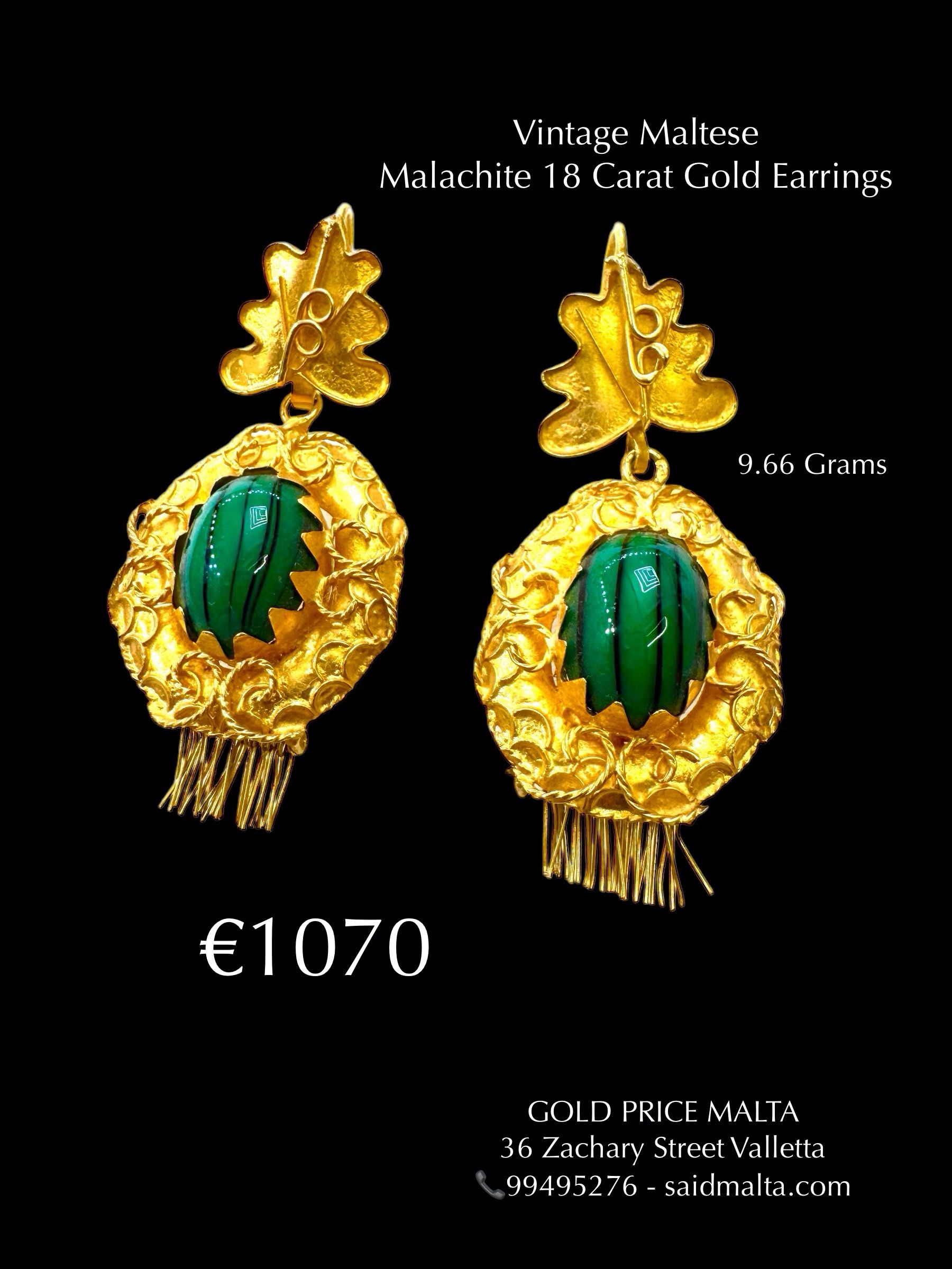 Vintage Maltese Malachite 18 Carat Gold Earrings