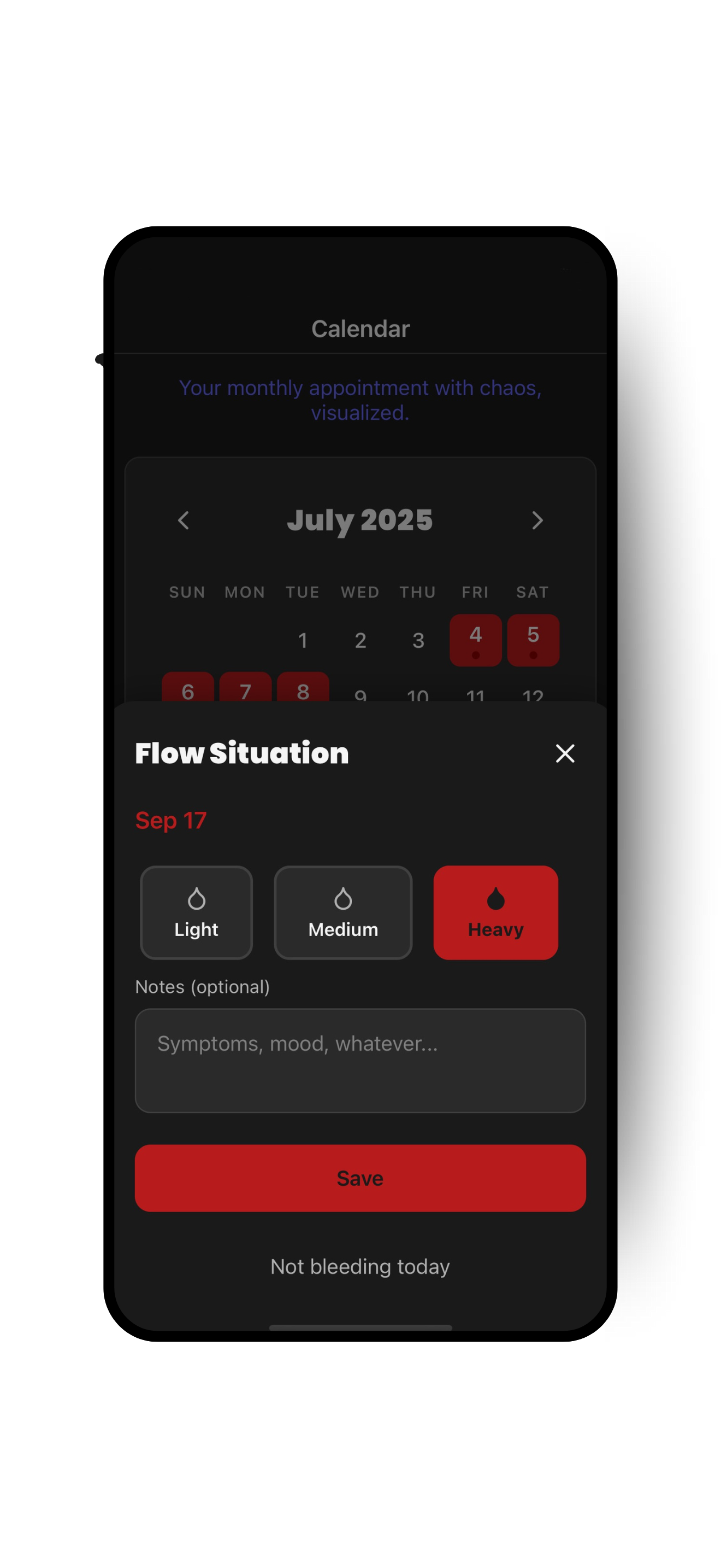 Bloody Mary period tracker record period view showing dark theme interface with cycle tracking and minimalist design