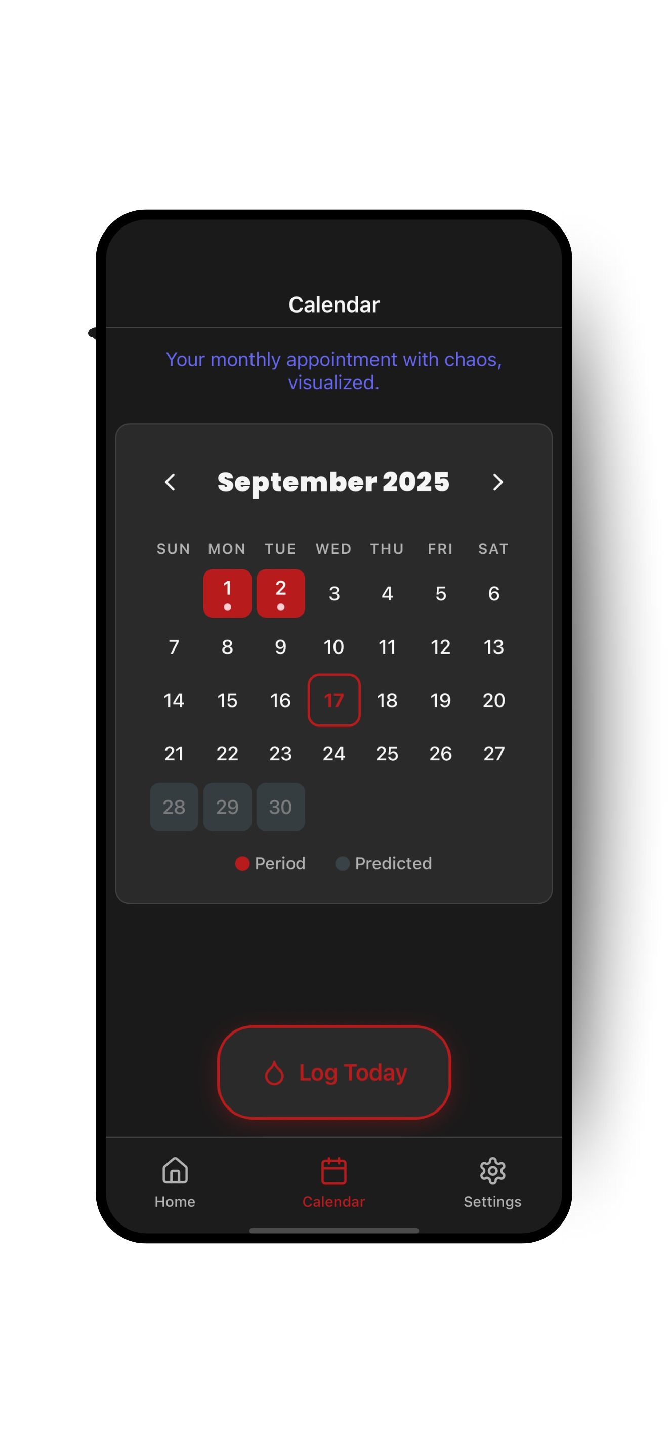 Bloody Mary period tracker main calendar view showing dark theme interface with cycle tracking and minimalist design