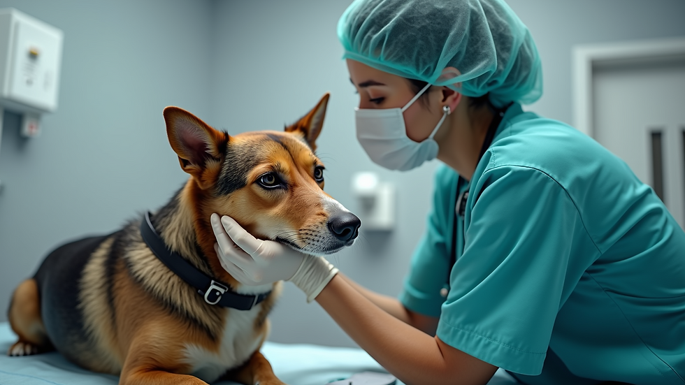 Close-up view of a veterinarian examining a dog at Rising Veterinary Clinic