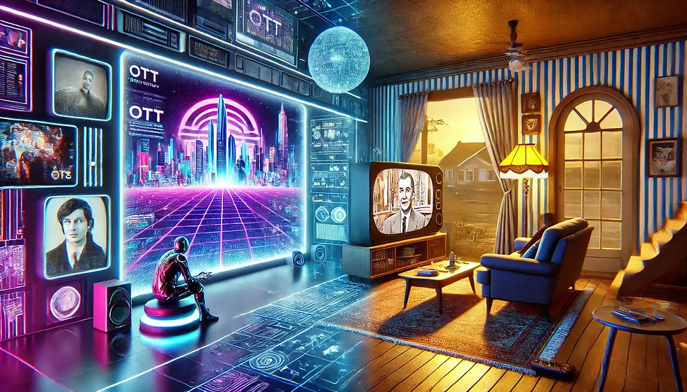 A surreal juxtaposition of the digital and the nostalgic, showcasing the vibrant, futuristic allure of OTT platforms against the warm, vintage charm of traditional TV.