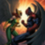 what book is mindhunter based on .Two winged superheroes face off with determined expressions. The background is fiery, highlighting their colorful costumes—green and gold, red and blue.