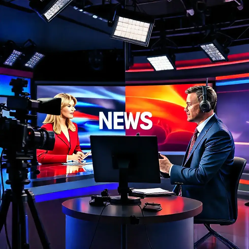 A news anchor engages in an intense discussion with the producer in a vibrant studio setup.