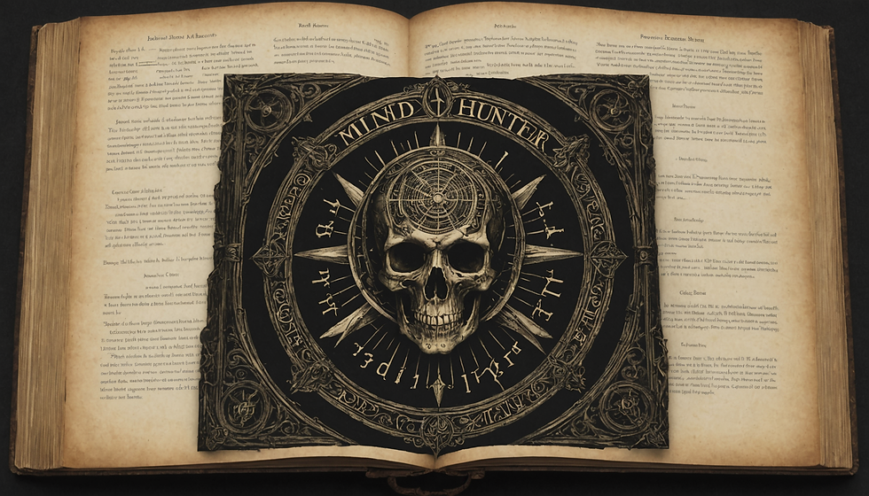 what book is mindhunter based on.Open book with a dark, ornate cover featuring a skull, compass, and symbols. The text reads "Mind Hunter." Mysterious, eerie atmosphere.