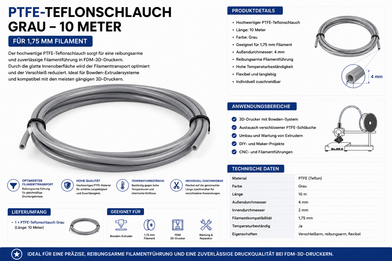 PTFE Teflon tubing, grey – 10 meters for 1.75 mm filament