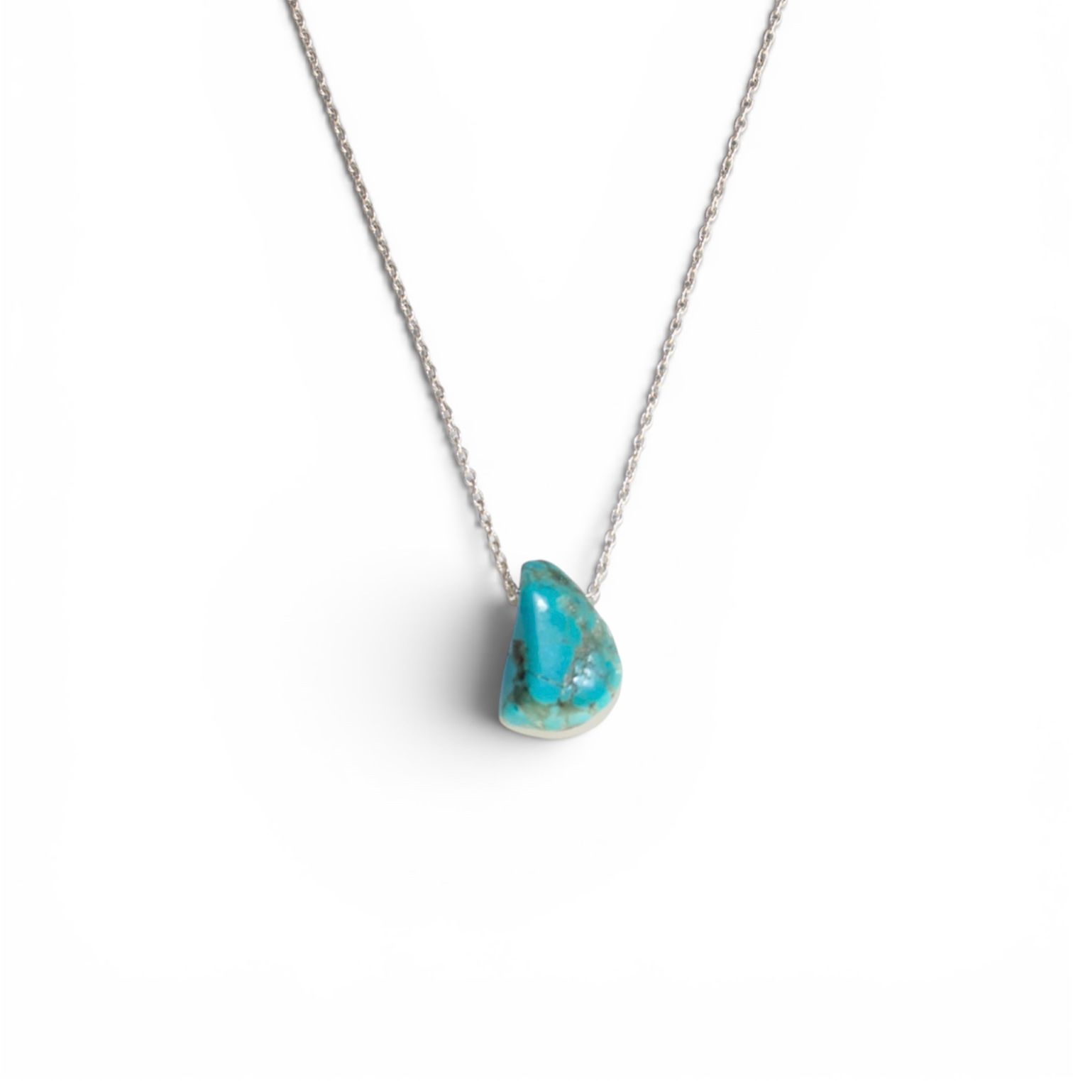 natural turquoise drilled pendant handing on sterling silver round chain necklace