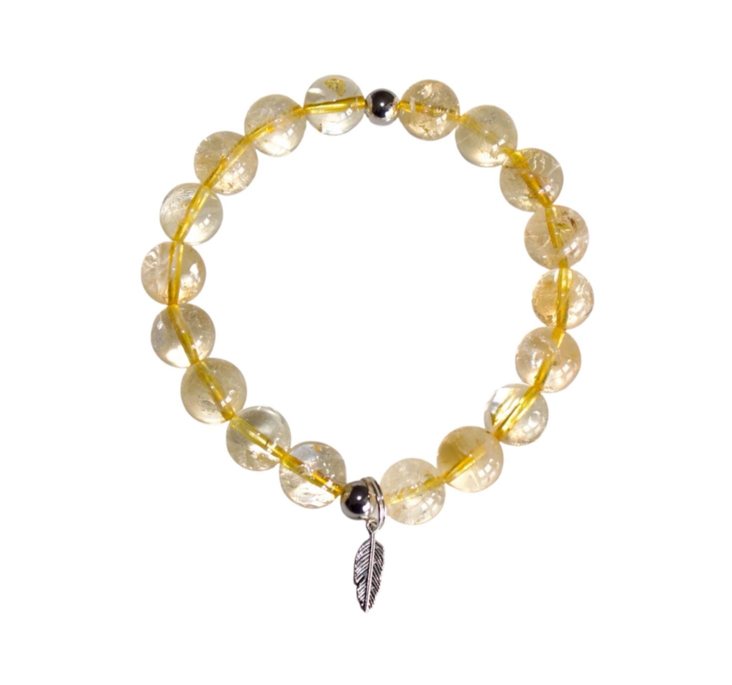 pretty feminine bracelet yellow maximalist stones silver finishing bead silver hanging feather charm