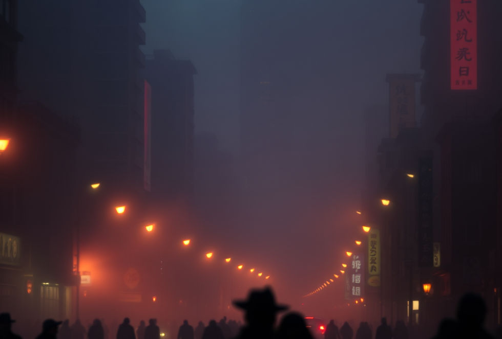 Animated city lights with subtle fog and _Silhouettes of figures moving along streets.jpg