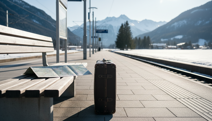 Wide-angle view of a railway platform in Austria with a suitcase beside a folded map.