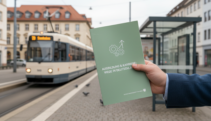 Close-up view of a printed German vocational training booklet held at a tram stop.