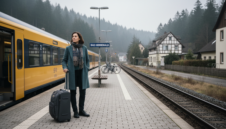 Wide-angle view of a traveller standing beside a regional train platform in Germany.