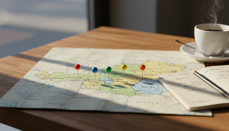 Close-up view of a paper map of Austria with coloured pins marking different provinces.