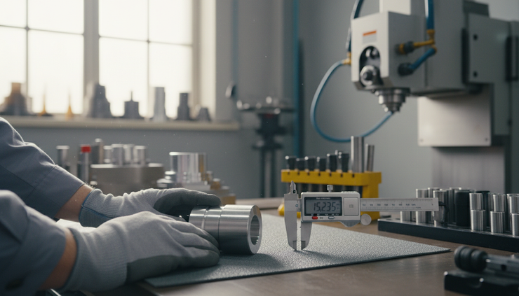 Eye-level view of gloved hands checking a machined metal component in a workshop.