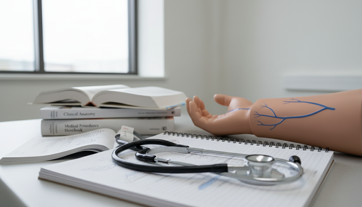 Close-up view of a stethoscope beside medical training materials in a clinical skills room.